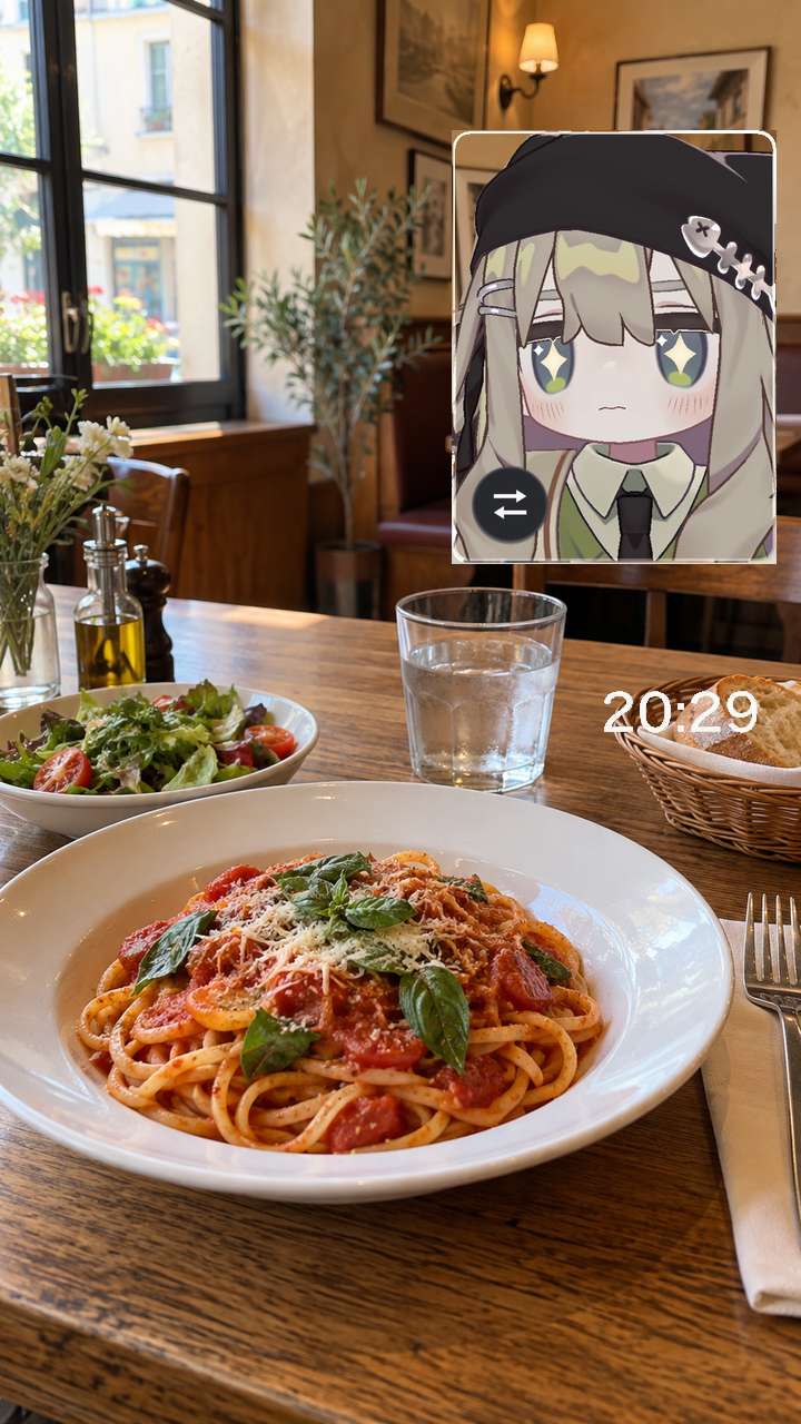 レストランの料理と、目を輝かせたアバター